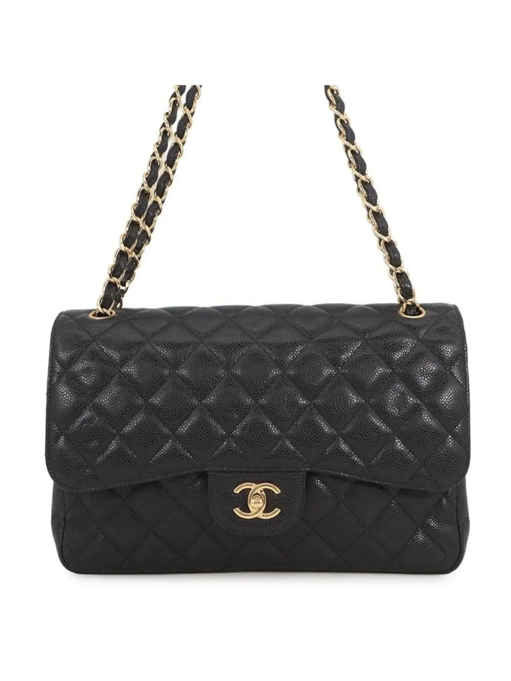 Chanel Chain Shoulder Bag Quilted 30 Caviar Leather CC Logo Black